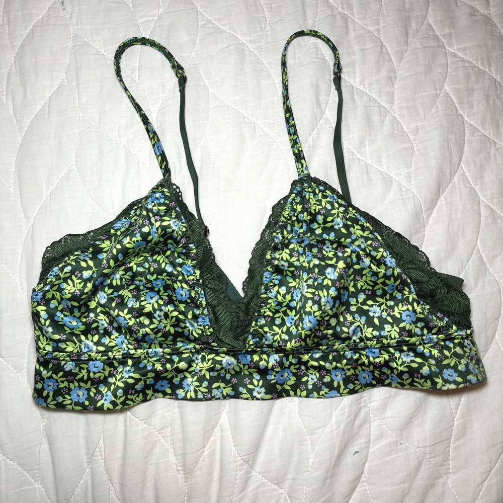 Aerie Floral Lace Bralette Medium Green Polka Dot Mesh Cottage Fairy Romantic